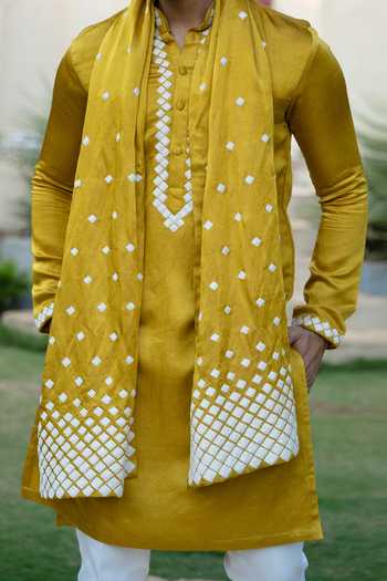 Buy Kaaj Button X AZA Yellow Satin, Cotton, Linen Embroidery Geometric Mustard Kurta Set For Kids Online at Aza Fashions Buy_Kaaj Button X AZA_Yellow Satin, Cotton, Linen Embroidery Geometric Mustard Kurta Set For Kids_Online_at_Aza_Fashions