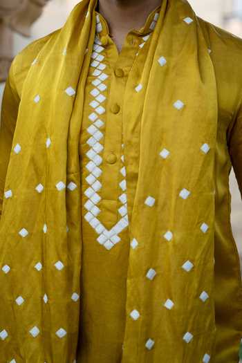 Shop Kaaj Button X AZA Yellow Satin, Cotton, Linen Embroidery Geometric Mustard Kurta Set For Kids Online at Aza Fashions Shop_Kaaj Button X AZA_Yellow Satin, Cotton, Linen Embroidery Geometric Mustard Kurta Set For Kids_Online_at_Aza_Fashions