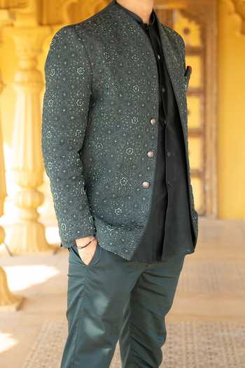 Kaaj Button X AZA_Green Chanderi Silk, Satin, Suede Embroidery Hand Jodhpuri Set For Kids_Online_at_Aza_Fashions