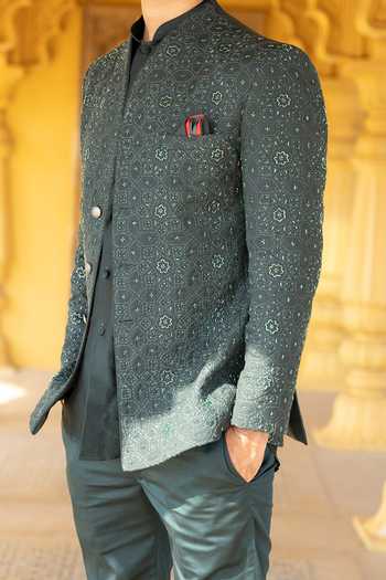 Buy_Kaaj Button X AZA_Green Chanderi Silk, Satin, Suede Embroidery Hand Jodhpuri Set For Kids_Online_at_Aza_Fashions