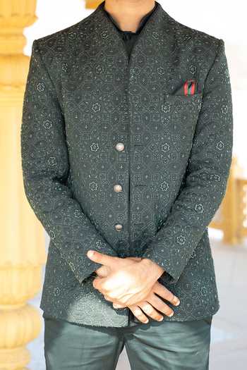 Kaaj Button X AZA_Green Chanderi Silk, Satin, Suede Embroidery Hand Jodhpuri Set For Kids_at_Aza_Fashions