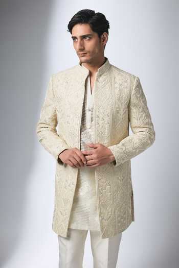 Salil Bhatia Ivory Organza, Silk, Chanderi Sherwani Jacket Set Online at Aza Fashions Salil Bhatia_Ivory Organza, Silk, Chanderi Sherwani Jacket Set _Online_at_Aza_Fashions