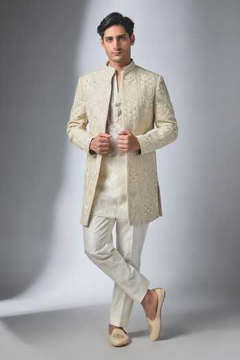 Salil Bhatia Silk Chanderi Sherwani Jacket Set 
