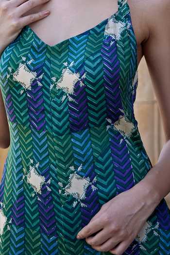 Amrood_Green Modal, Satin Chevron Print Flared Jumpsuit For Kids_Online_at_Aza_Fashions