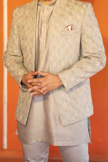 Kaaj Button X AZA_Gold Chanderi Silk, Suede Embroidery Champagne Mughal Jodhpuri Set For Kids_Online_at_Aza_Fashions