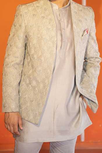 Buy_Kaaj Button X AZA_Gold Chanderi Silk, Suede Embroidery Champagne Mughal Jodhpuri Set For Kids_Online_at_Aza_Fashions