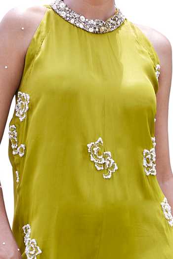 Amrood Green Taffeta Pearls Floral Embellished Jumpsuit For Kids Online at Aza Fashions Amrood_Green Taffeta Pearls Floral Embellished Jumpsuit For Kids_Online_at_Aza_Fashions