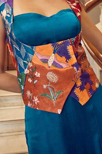 Amrood Blue Modal, Satin Zari, Embroidery Mixed Print Bustier Jacket Skirt Set For Kids Online at Aza Fashions Amrood_Blue Modal, Satin Zari, Embroidery Mixed Print Bustier Jacket Skirt Set For Kids_Online_at_Aza_Fashions
