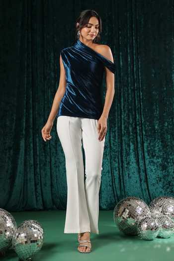 Buy B'Infinite Blue Velvet, Polyester One Shoulder Celestial Top And Trouser Set Online at Aza Fashions Buy_B'Infinite_Blue Velvet, Polyester One Shoulder Celestial Top And Trouser Set _Online_at_Aza_Fashions