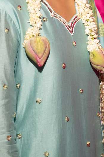 Chrkha_Green Silk, Linen, Sequins, Pearls Mint Kurta Set For Kids_Online_at_Aza_Fashions
