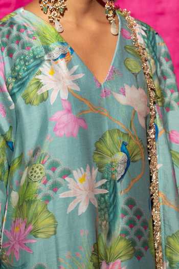Buy_Chrkha_Green Cotton, Chanderi Silk Pearls, Floral Printed Kurta Set With Dupatta For Kids_Online_at_Aza_Fashions