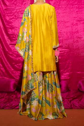 Chrkha Floral Print Chanderi Silk Kurta Set For Kids