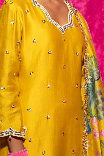 Chrkha Yellow Chanderi Silk Embroidery, Sequins, Pearls Floral Print Kurta Set For Kids Online at Aza Fashions Chrkha_Yellow Chanderi Silk Embroidery, Sequins, Pearls Floral Print Kurta Set For Kids_Online_at_Aza_Fashions