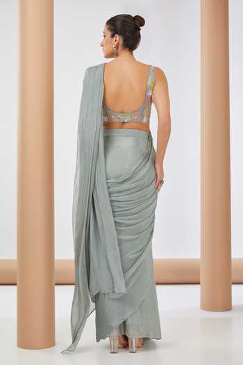 Neha Khullar Embroidered Green Pre Draped Saree Set 