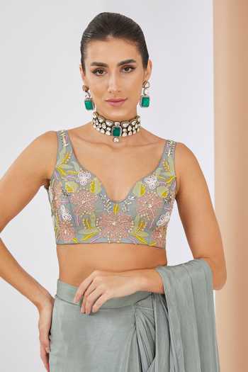 Neha Khullar Multi Color Chiffon, Crepe, Linen Beads, Embroidered Green Pre Draped Saree Set Online at Aza Fashions Neha Khullar_Multi Color Chiffon, Crepe, Linen Beads, Embroidered Green Pre Draped Saree Set _Online_at_Aza_Fashions