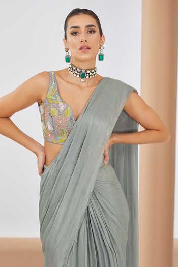 Buy Neha Khullar Multi Color Chiffon, Crepe, Linen Beads, Embroidered Green Pre Draped Saree Set Online at Aza Fashions Buy_Neha Khullar_Multi Color Chiffon, Crepe, Linen Beads, Embroidered Green Pre Draped Saree Set _Online_at_Aza_Fashions