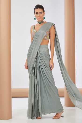 Shop Neha Khullar Multi Color Chiffon, Crepe, Linen Beads, Embroidered Green Pre Draped Saree Set Online at Aza Fashions Shop_Neha Khullar_Multi Color Chiffon, Crepe, Linen Beads, Embroidered Green Pre Draped Saree Set _Online_at_Aza_Fashions
