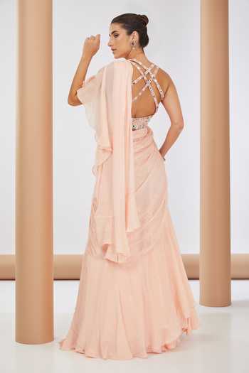 Neha Khullar Peach Pre Draped Ruffled Saree With Blouse 