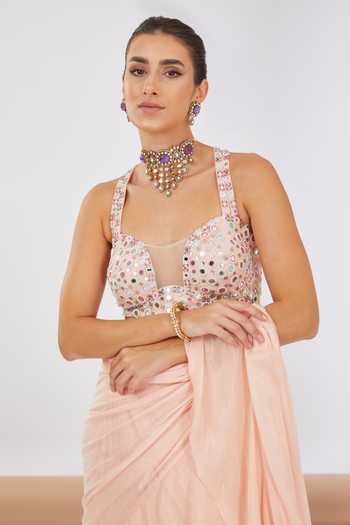 Neha Khullar Peach Chiffon, Linen Beads, Mirrors Halter Pre Draped Ruffled Saree With Blouse Online at Aza Fashions Neha Khullar_Peach Chiffon, Linen Beads, Mirrors Halter Pre Draped Ruffled Saree With Blouse _Online_at_Aza_Fashions