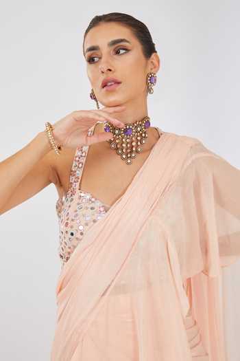 Buy Neha Khullar Peach Chiffon, Linen Beads, Mirrors Halter Pre Draped Ruffled Saree With Blouse Online at Aza Fashions Buy_Neha Khullar_Peach Chiffon, Linen Beads, Mirrors Halter Pre Draped Ruffled Saree With Blouse _Online_at_Aza_Fashions