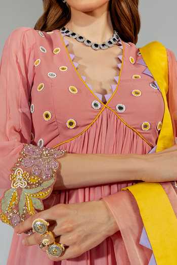 Buy Neha Khullar Pink Georgette, Organza Cut Work, Mirrors, Mirrorwork Yoke Anarkali Set For Kids Online at Aza Fashions Buy_Neha Khullar_Pink Georgette, Organza Cut Work, Mirrors, Mirrorwork Yoke Anarkali Set For Kids_Online_at_Aza_Fashions