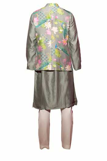Chrkha Floral Print Nehru Jacket & Kurta Set For Kids