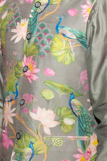 Buy Chrkha Gray Chanderi Silk, Satin, Floral Print Nehru Jacket And Kurta Set For Kids Online at Aza Fashions Buy_Chrkha_Gray Chanderi Silk, Satin, Floral Print Nehru Jacket And Kurta Set For Kids_Online_at_Aza_Fashions