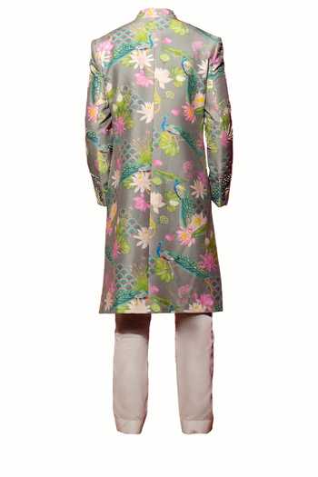 Chrkha Floral Print Sherwani & Pant Set For Kids