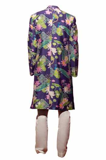Chrkha Floral Print Sherwani & Pant Set For Kids