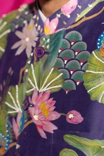 Buy_Chrkha_Purple Chanderi Silk, Satin, Floral Print Sherwani And Pant Set For Kids_Online_at_Aza_Fashions