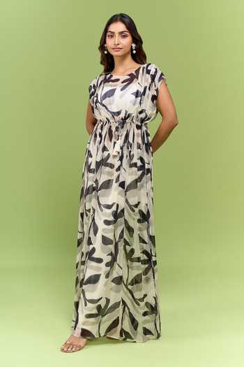 Koai_Black Georgette Round Neck White And Printed Dress _Online_at_Aza_Fashions