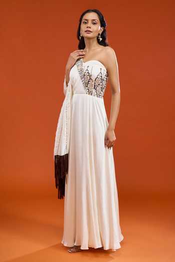 Neha & Tarun Off White Silk, Cotton One Shoulder Embroidered Draped Sleeve Dress Online at Aza Fashions Neha & Tarun_Off White Silk, Cotton One Shoulder Embroidered Draped Sleeve Dress _Online_at_Aza_Fashions
