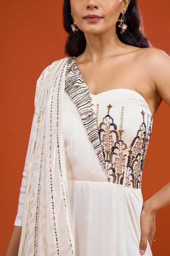 Buy Neha & Tarun Off White Silk, Cotton One Shoulder Embroidered Draped Sleeve Dress Online at Aza Fashions Buy_Neha & Tarun_Off White Silk, Cotton One Shoulder Embroidered Draped Sleeve Dress _Online_at_Aza_Fashions