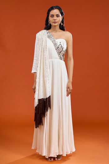Shop Neha & Tarun Off White Silk, Cotton One Shoulder Embroidered Draped Sleeve Dress Online at Aza Fashions Shop_Neha & Tarun_Off White Silk, Cotton One Shoulder Embroidered Draped Sleeve Dress _Online_at_Aza_Fashions