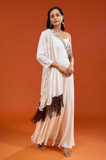 Neha & Tarun Off White Silk, Cotton One Shoulder Embroidered Draped Sleeve Dress at Aza Fashions Neha & Tarun_Off White Silk, Cotton One Shoulder Embroidered Draped Sleeve Dress _at_Aza_Fashions