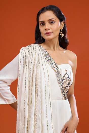 Buy Neha & Tarun Off White Silk, Cotton One Shoulder Embroidered Draped Sleeve Dress Buy_Neha & Tarun_Off White Silk, Cotton One Shoulder Embroidered Draped Sleeve Dress