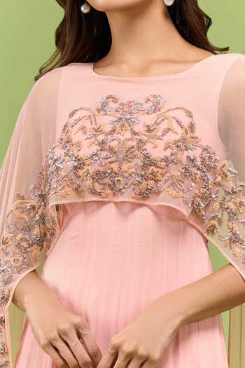 Malasa Beige Organza Round Neck Embroidered Cape Pleated Dress Online at Aza Fashions Malasa_Beige Organza Round Neck Embroidered Cape Pleated Dress _Online_at_Aza_Fashions