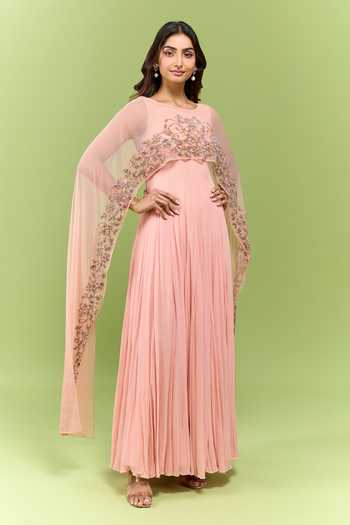 Buy Malasa Beige Organza Round Neck Embroidered Cape Pleated Dress Online at Aza Fashions Buy_Malasa_Beige Organza Round Neck Embroidered Cape Pleated Dress _Online_at_Aza_Fashions