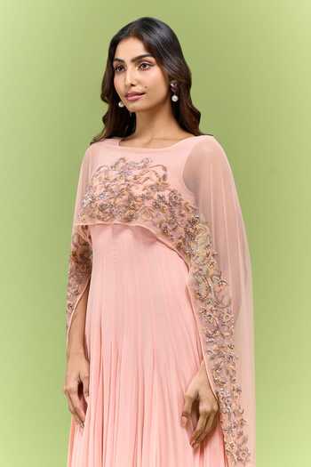 Shop Malasa Beige Organza Round Neck Embroidered Cape Pleated Dress Online at Aza Fashions Shop_Malasa_Beige Organza Round Neck Embroidered Cape Pleated Dress _Online_at_Aza_Fashions