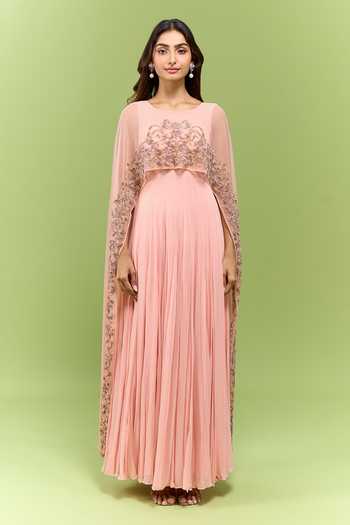 Malasa Beige Organza Round Neck Embroidered Cape Pleated Dress at Aza Fashions Malasa_Beige Organza Round Neck Embroidered Cape Pleated Dress _at_Aza_Fashions