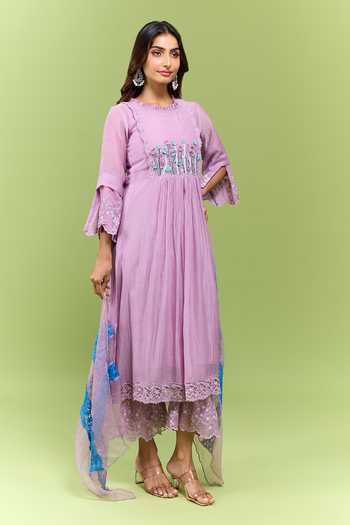 Shop Naaz By Noor Lavender Cotton Round Neck, Yes Floral Embroidered Kurta Set Online at Aza Fashions Shop_Naaz By Noor_Lavender Cotton Round Neck, Yes Floral Embroidered Kurta Set _Online_at_Aza_Fashions