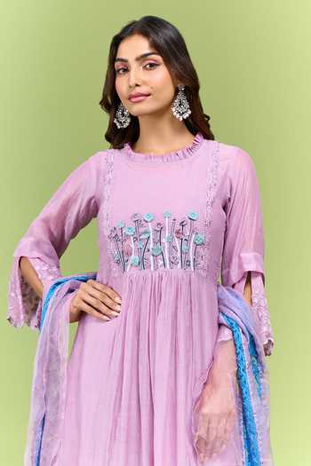 Naaz By Noor Lavender Cotton Round Neck, Yes Floral Embroidered Kurta Set at Aza Fashions Naaz By Noor_Lavender Cotton Round Neck, Yes Floral Embroidered Kurta Set _at_Aza_Fashions