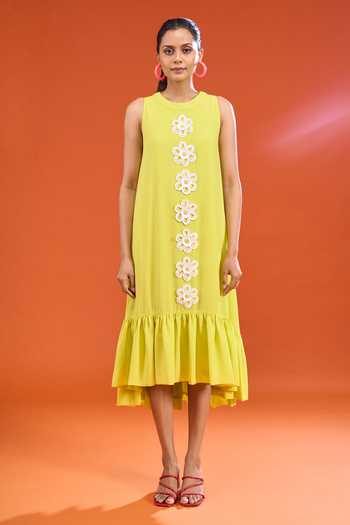 Urvashi Joneja Green Georgette Round Neck Embroidered Flared Dress at Aza Fashions Urvashi Joneja_Green Georgette Round Neck Embroidered Flared Dress _at_Aza_Fashions