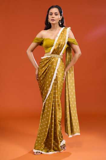 Esha Koul_Green Silk, Cotton Off-shoulder Floral Print Pre-draped Saree With Blouse _at_Aza_Fashions
