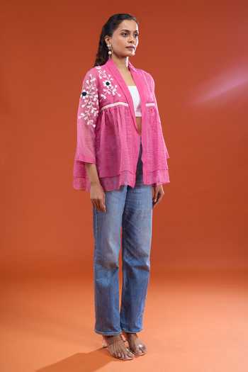 Buy_Tahweave_Pink Handloom Cotton Shawl Neck Floral Embroidered Top _Online_at_Aza_Fashions