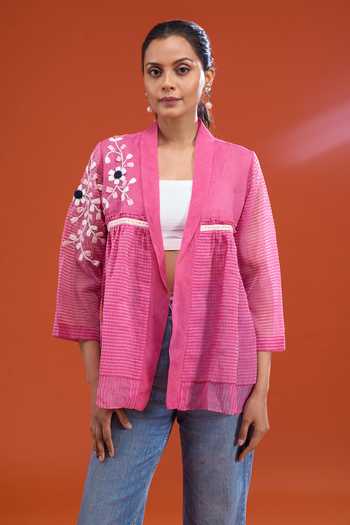 Shop_Tahweave_Pink Handloom Cotton Shawl Neck Floral Embroidered Top _Online_at_Aza_Fashions