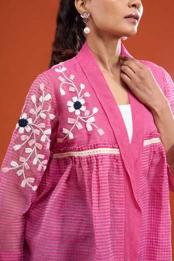 Tahweave_Pink Handloom Cotton Shawl Neck Floral Embroidered Top _at_Aza_Fashions