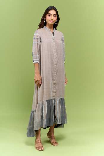 Nakita Singh Grey Cotton Mandarin Collar Handwoven Frill Hem Dress Online at Aza Fashions Nakita Singh_Grey Cotton Mandarin Collar Handwoven Frill Hem Dress _Online_at_Aza_Fashions