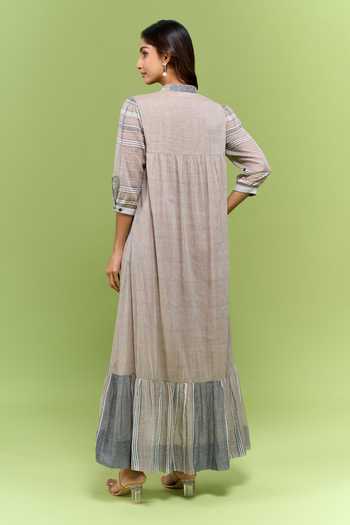 Buy Nakita Singh Grey Cotton Mandarin Collar Handwoven Frill Hem Dress Online at Aza Fashions Buy_Nakita Singh_Grey Cotton Mandarin Collar Handwoven Frill Hem Dress _Online_at_Aza_Fashions