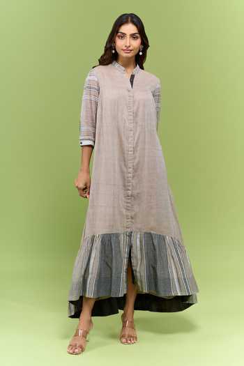 Shop Nakita Singh Grey Cotton Mandarin Collar Handwoven Frill Hem Dress Online at Aza Fashions Shop_Nakita Singh_Grey Cotton Mandarin Collar Handwoven Frill Hem Dress _Online_at_Aza_Fashions